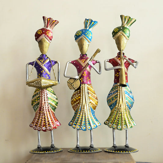 Metal Rajasthani Standing Men Musician Set of 3 for Table Top Decor Decorative Showpiece for Home|Office|Gift Item