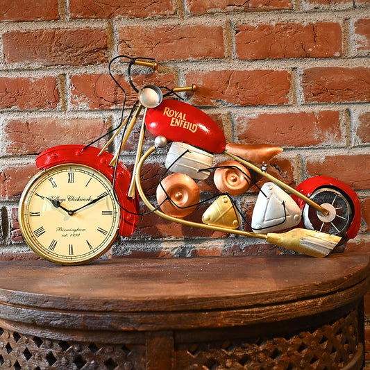 Red Metal Bike Wall Clock - Decorative Home & Office Clock For Gifting