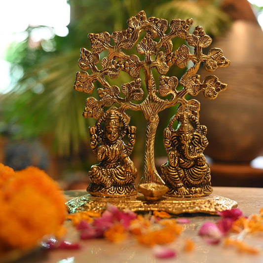 Golden Metal Laxmi, Ganesh With Leaves Tree And Diya Design