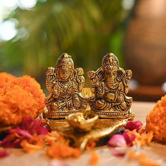 Golden Metal Laxmi, Ganesh With Diya For Home Temple Decoration