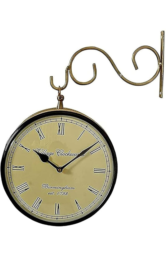 Brass Rose Gold Metal Railway Wall Clock - Decorative Home & Office Clock For Gifting