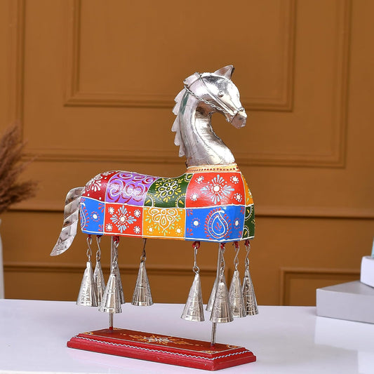 Metal Wooden & Iron Hand Painted Table Decor Horse With Bell Decorative Showpiece
