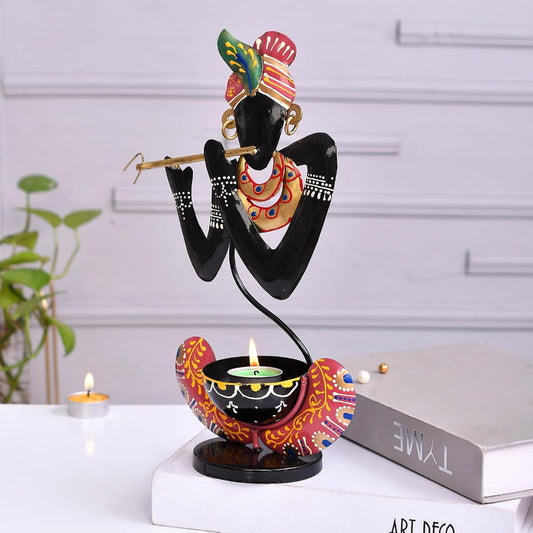Black Metal Murli Krishna T-Lite Hand Painted For Table Top Decorative Showpiece For Home