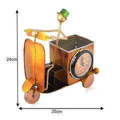 Yellow Metal Scooter Pen Stand With Clock Nautical_Inspired Desk Organizer For Pens And Pencils Decorative Office Accessory