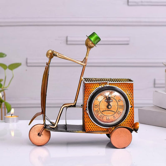 Yellow Metal Scooter Pen Stand With Clock Nautical_Inspired Desk Organizer For Pens And Pencils Decorative Office Accessory