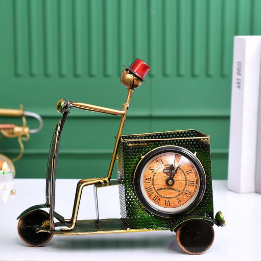 Green Metal Green Scooter Pen Stand With Clock Nautical_Inspired Desk Organizer For Pens And Pencils Decorative Office Accessory