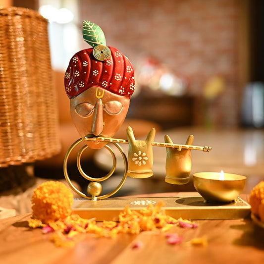 Metal Krishna Hand Painted Tealight Candle Holder For Living Room Decorative Showpiece For Home Decor