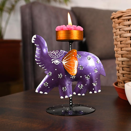 Purple Metal Elephant Hand Painted Tealight Candle Holder For Living Room Decorative Showpiece For Home Decor