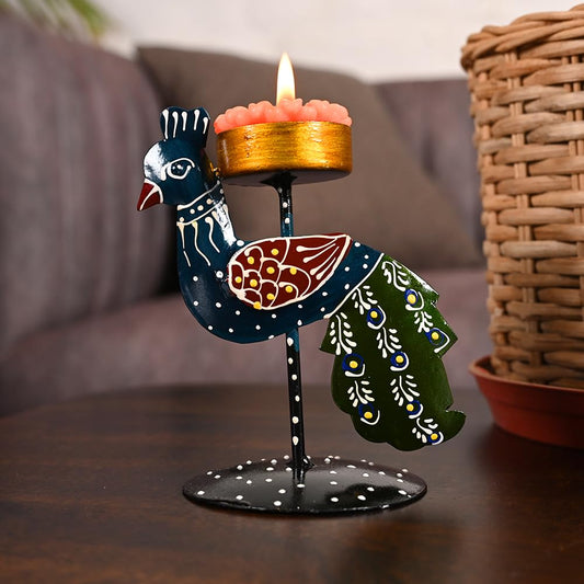 Purple Metal Peacock Hand Painted Tealight Candle Holder For Living Room Decorative Showpiece For Home Decor, Best Diwali Gift|Office|Gift Item