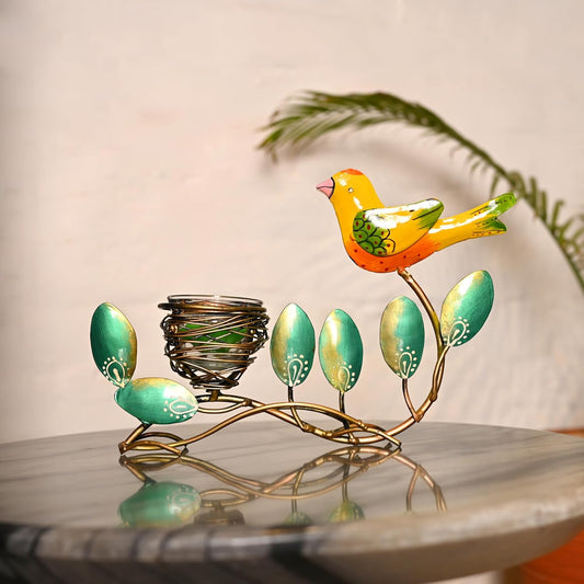 Metal Leaf Bird Hand Painted Tealight Candle Holder For Living Room Decorative Showpiece For Home Decor