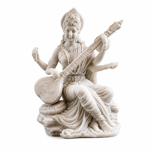 Saraswati Statue Marble Finish with Veena | Goddess of Knowledge Murti | Study Desk Decor