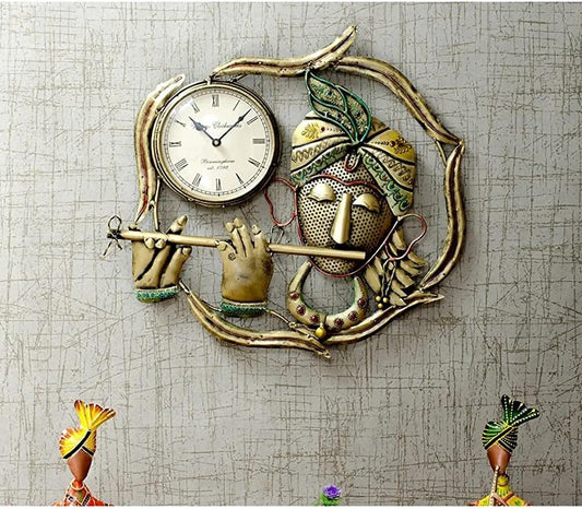 Golden Metal Krishna Wall Clock - Decorative Home & Office Clock For Gifting