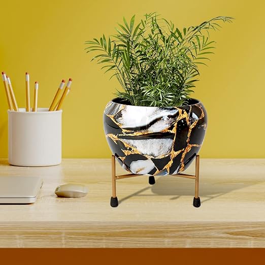 Black Decorative Pot With Stand For Indoor Plants Rust Free Metal Plant Pots For Living Room, Balcony And Garden -