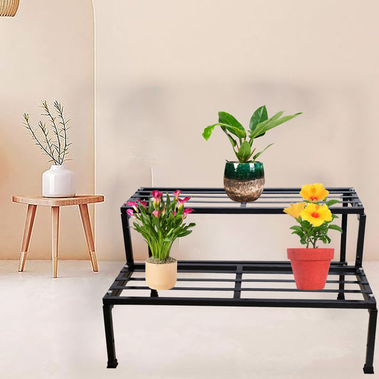 Black Classic 24Inc 2Step Stand For Multiple Pots, Indoor Shelf Rack, (Black-)