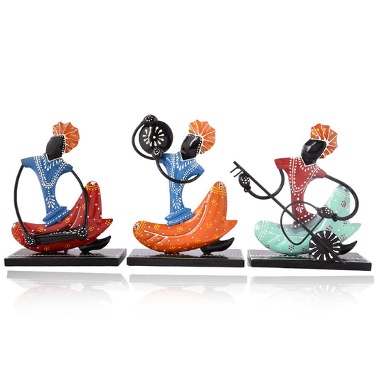 Indian Musician Figurine Set of 3, Cast Iron Folk Art Statue, Tribal Musician Decor, Boho Shelf Accent, Ethnic Home Decor, Housewarming Gift