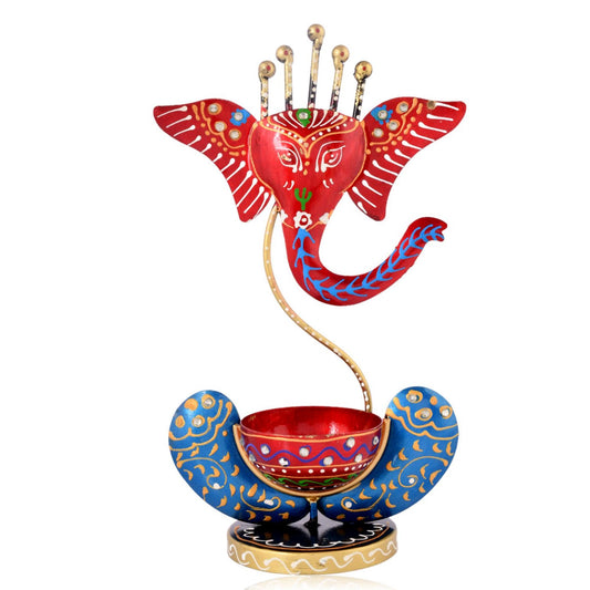 Hand Painted Metal Ganesh Tealight Holder, Red Blue Decorative Showpiece