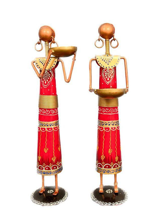 Set of 2 Tribal Women Iron Tealight Holders, Rajasthani Folk Decor, Red Ethnic Figurines