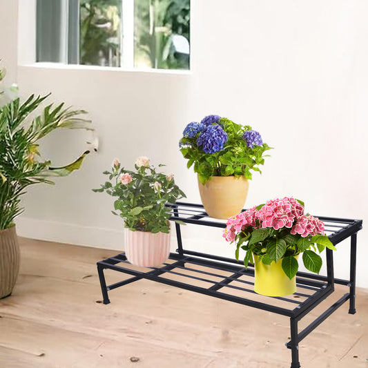 Black 2 Step Stand For Multiple Plants And Pots Stand, Indoor Shelf Holder Rack, Gardening Stand, Indoor Outdoor (Black)