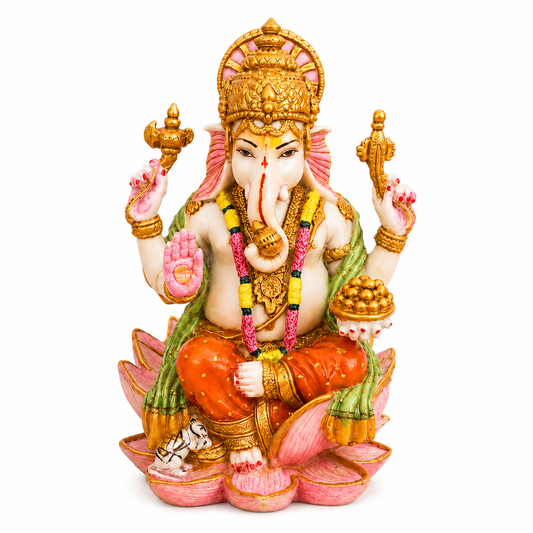 Ganesha Statue Sitting on Lotus | Lord Ganesha Idol, Spiritual Decor, Antique Gold Accents