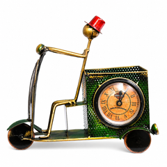 Green Metal Green Scooter Pen Stand With Clock Nautical_Inspired Desk Organizer For Pens And Pencils Decorative Office Accessory