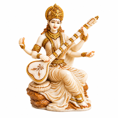 Saraswati Statue Marble Finish with Veena | Goddess of Knowledge Murti | Study Desk Decor