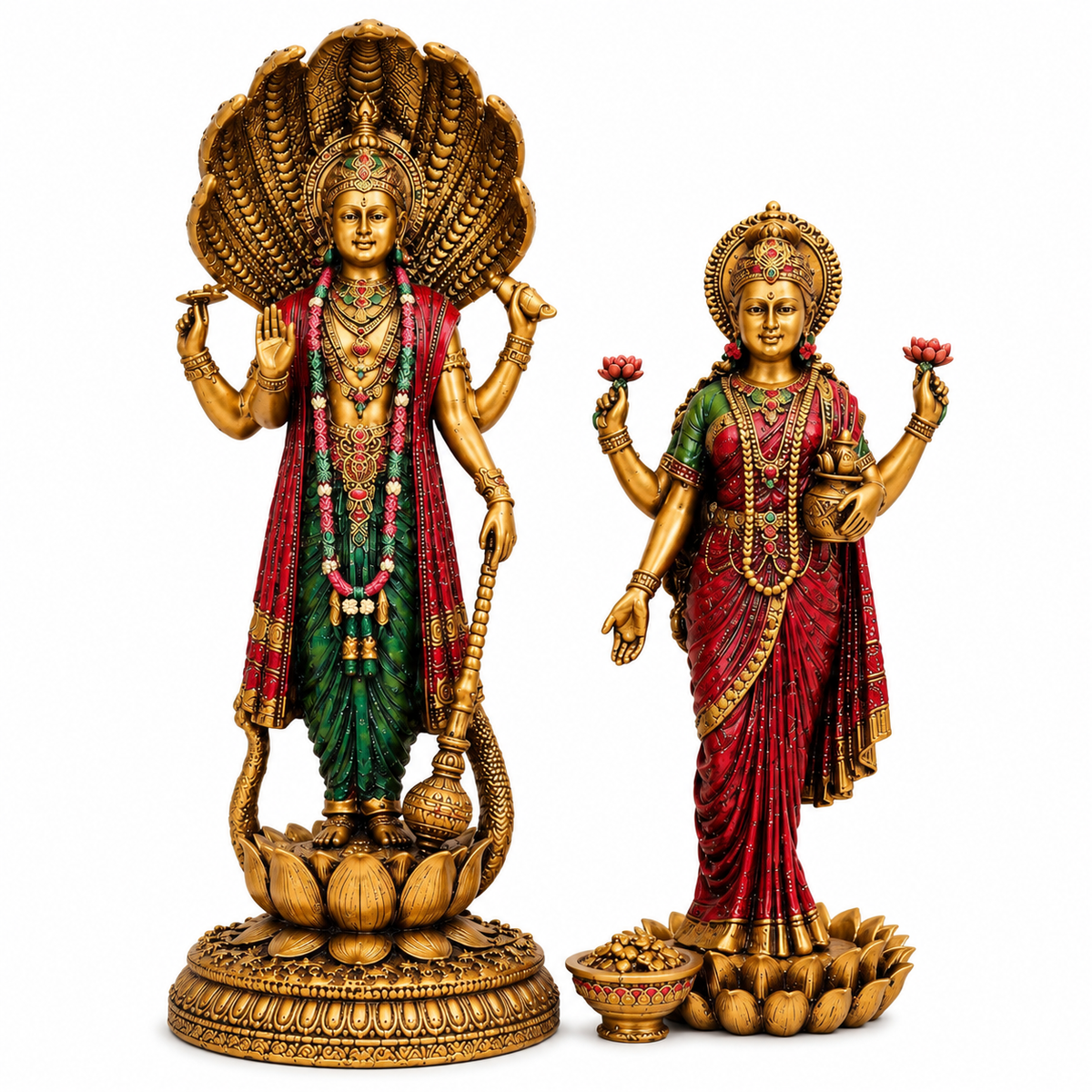 Vishnu Lakshmi Idol, Marble Dust Resin, Copper Finish Statue, Hindu Murti, Temple Decor