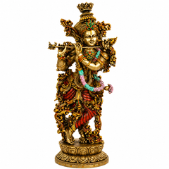 14 Inch Krishna Idol | Ivory Finish Divine Couple Murti, Hindu God Sculpture