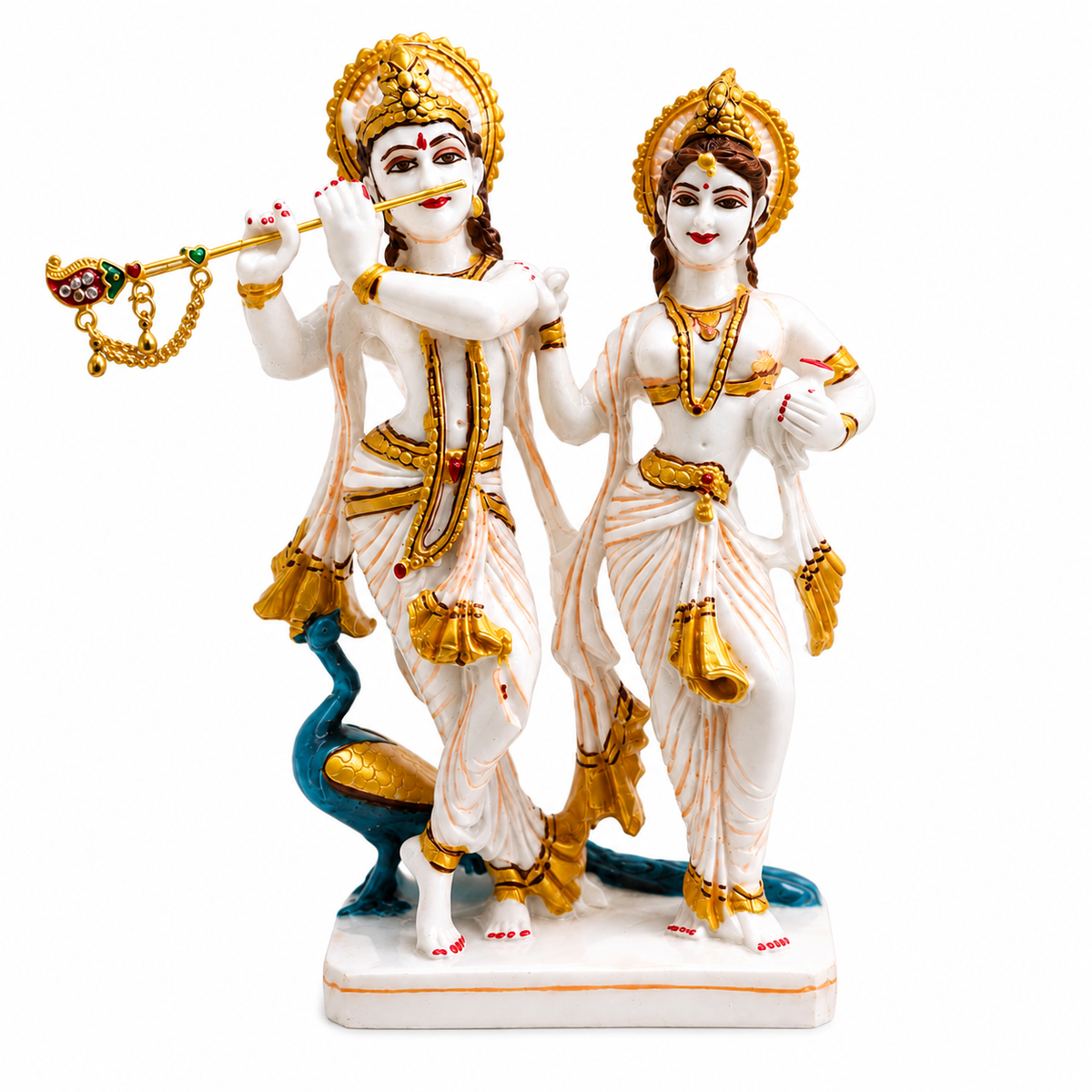 Radha Krishna Resin Idol, White Marble Dust Finish Divine Couple Statue Decor