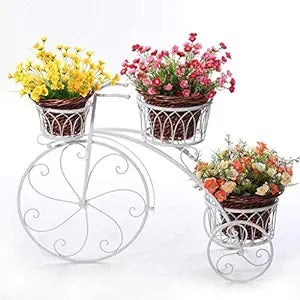 White Metal Cycle Stand For Indoor And Outdoor Planters | Tricycle Holder Ideal For Home Garden Terrace