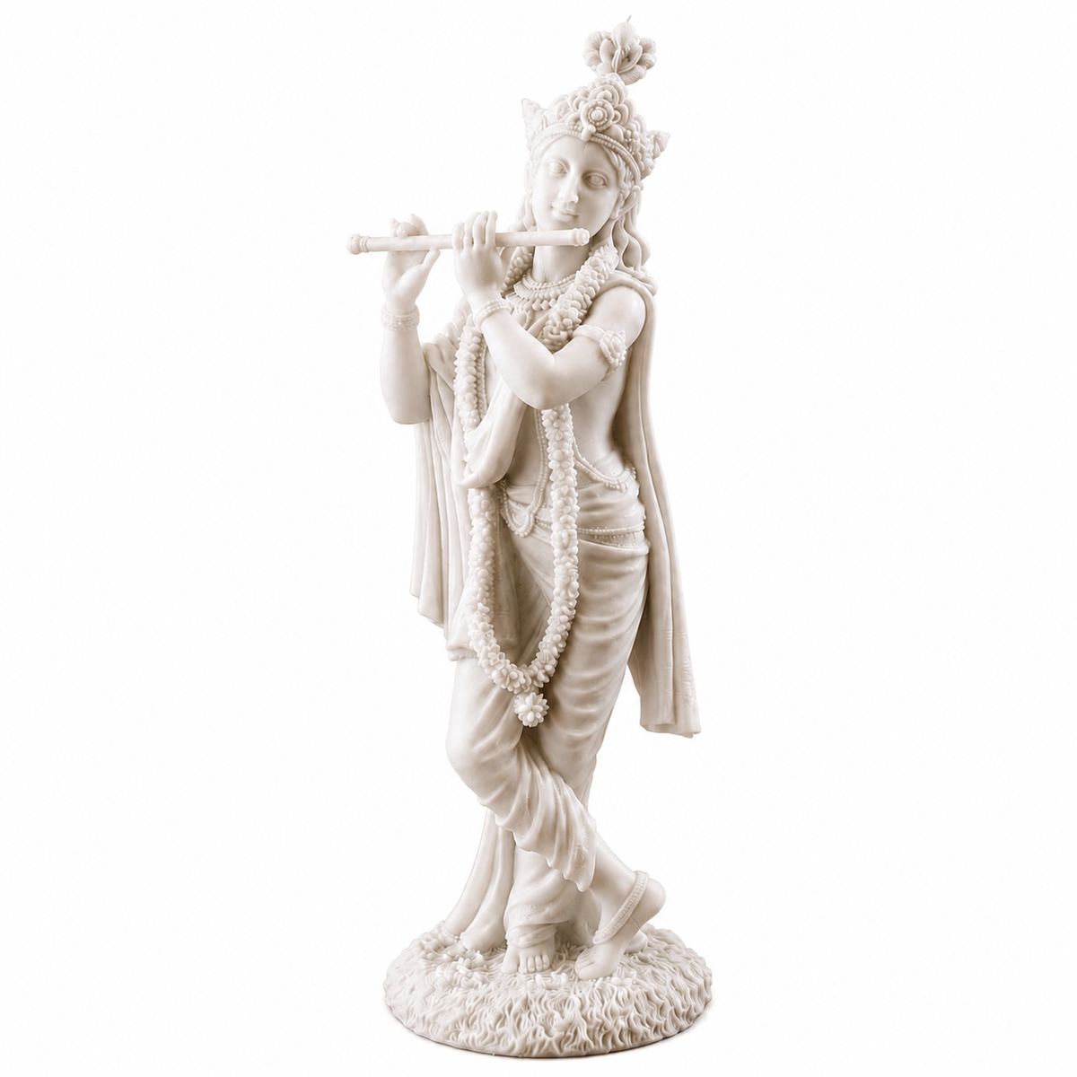 White Resin Krishna Statue with Flute, 10 Inch Hindu God Murti for Home Temple