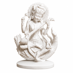 White Marble Finish Saraswati Statue | Goddess of Wisdom Idol, Learning Decor