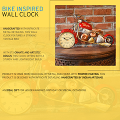 Red Metal Bike Wall Clock - Decorative Home & Office Clock For Gifting