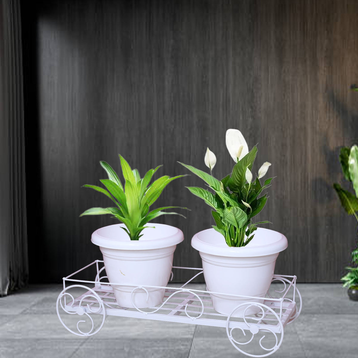 White  Creative Metal Rectangular Plant Stands With Moving Wheels For Indoor And Outdoor