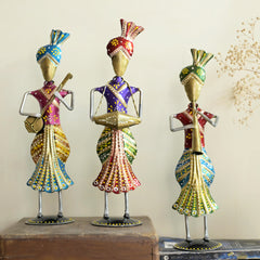 Metal Rajasthani Standing Men Musician Set of 3 for Table Top Decor Decorative Showpiece for Home|Office|Gift Item