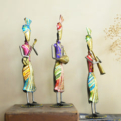 Metal Rajasthani Standing Men Musician Set of 3 for Table Top Decor Decorative Showpiece for Home|Office|Gift Item
