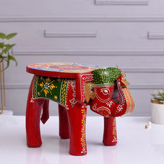 Wooden Hand Crafted Emboss Colorful Painted Elephant Shape Stool