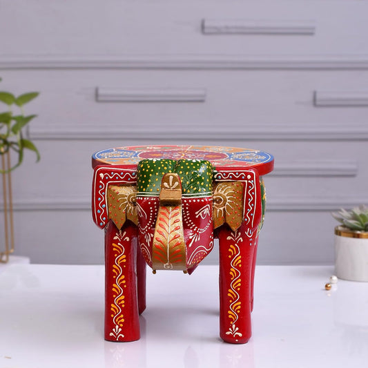 Wooden Hand Crafted Emboss Colorful Painted Elephant Shape Stool