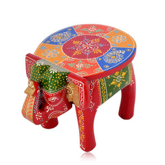 Wooden Hand Crafted Emboss Colorful Painted Elephant Shape Stool
