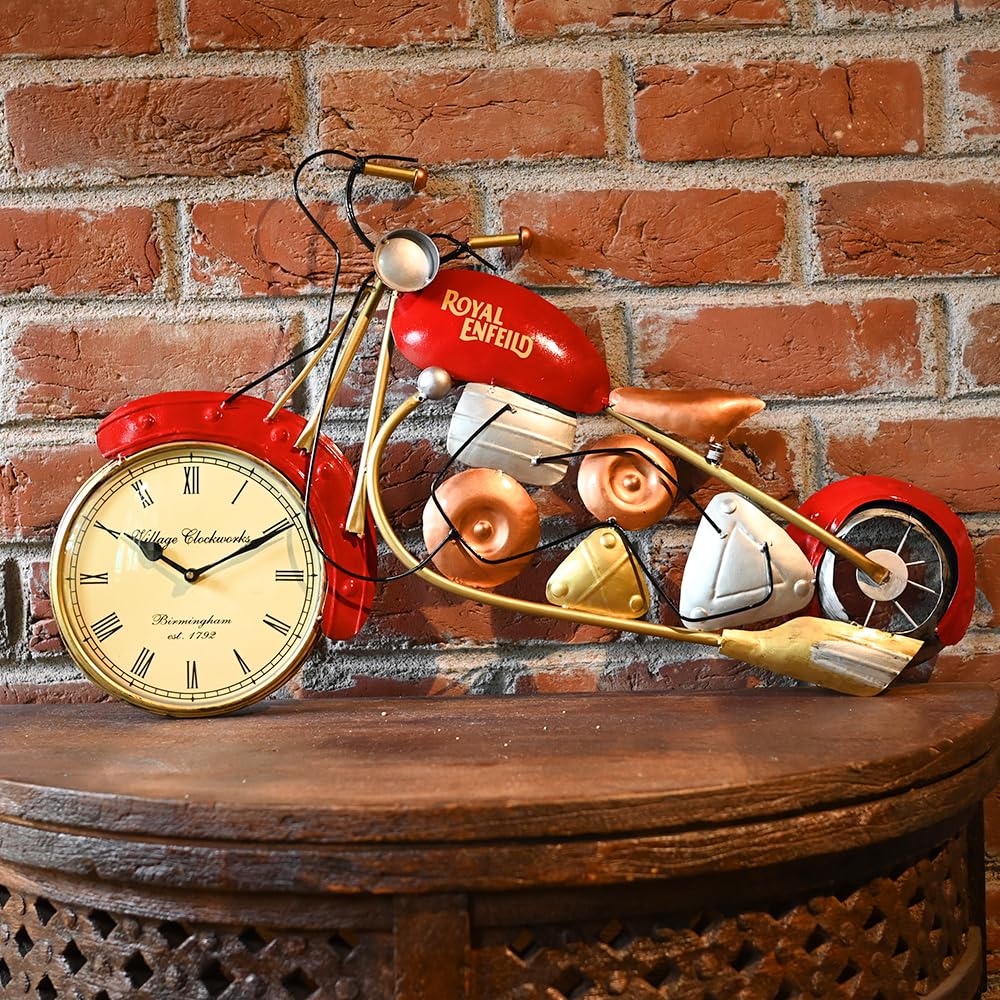 Red Metal Bike Wall Clock - Decorative Home & Office Clock For Gifting