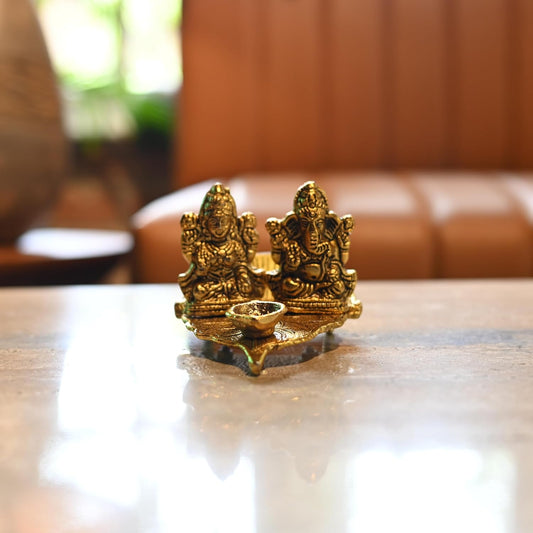 Golden Metal Laxmi, Ganesh With Diya For Home Temple Decoration