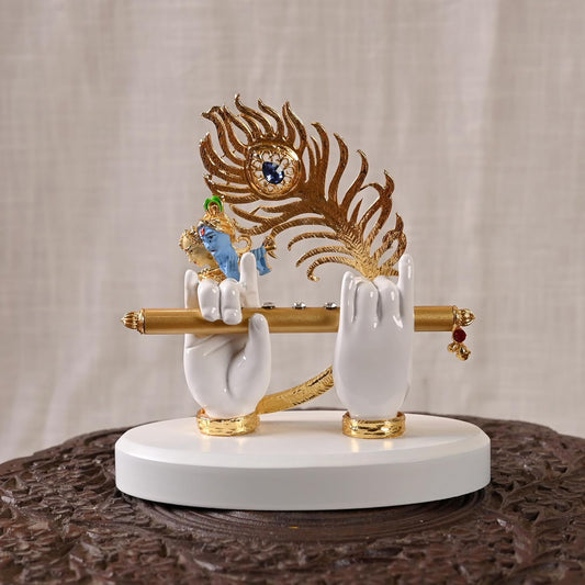 White & Golden Polyresin Gold Plated Krishna Hand With Face, Flute And Peacock Feather