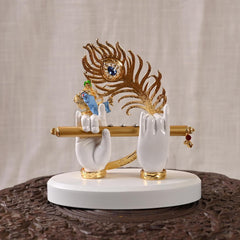 White & Golden Polyresin Gold Plated Krishna Hand With Face, Flute And Peacock Feather