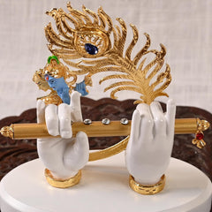 White & Golden Polyresin Gold Plated Krishna Hand With Face, Flute And Peacock Feather