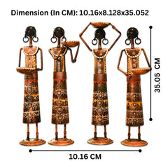 THE KUTIR Metal Set of 4 Rajasthani Tribal Majdoor Ladies Hand-Painted Tea Light Holder Cum Showpiece Black