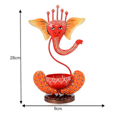 Orange Metal Ganesh T-Lite Hand Painted For Table Top Decor Decorative Showpiece