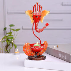 Orange Metal Ganesh T-Lite Hand Painted For Table Top Decor Decorative Showpiece