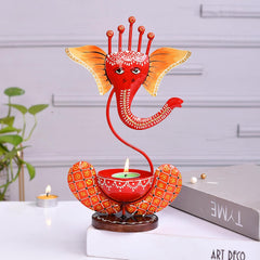 Orange Metal Ganesh T-Lite Hand Painted For Table Top Decor Decorative Showpiece