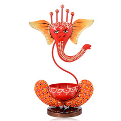 Orange Metal Ganesh T-Lite Hand Painted For Table Top Decor Decorative Showpiece
