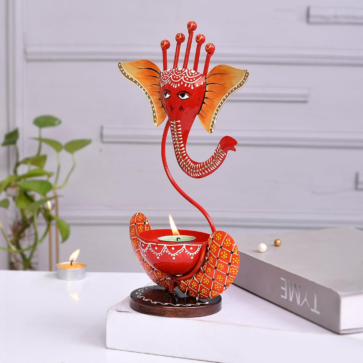 Orange Metal Ganesh T-Lite Hand Painted For Table Top Decor Decorative Showpiece