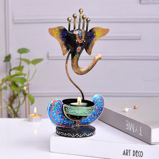 Black Metal Ganesh T-Lite Hand Painted For Table Top Decor Decorative Showpiece